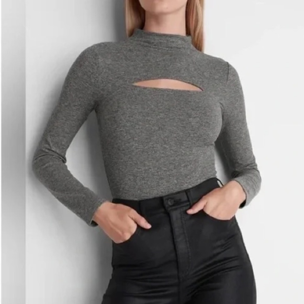 Express Heather Gray Long Sleeve Cutout Turtleneck Thong Bodysuit Body Contour